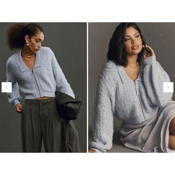 By Anthropologie Zip-Up Brushed Fuzzy Sweater Cardigan Sky Blue Size Small EUC - Picture 2 of 12